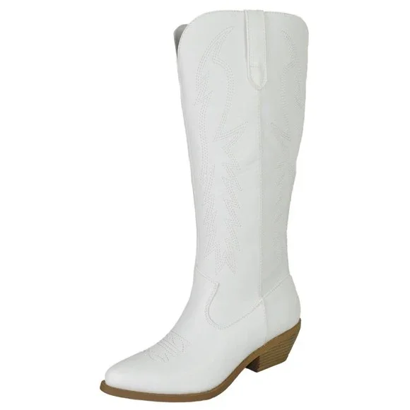 Soda Women Cowboy Western Stitched Boots Pointy Toe Knee High COWBOY-S white - Picture 1 of 3